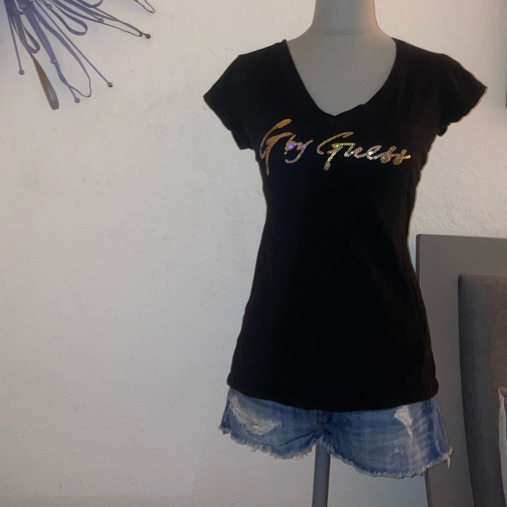 G by Guess L Black Short Sleeve Gold Wings Shirts